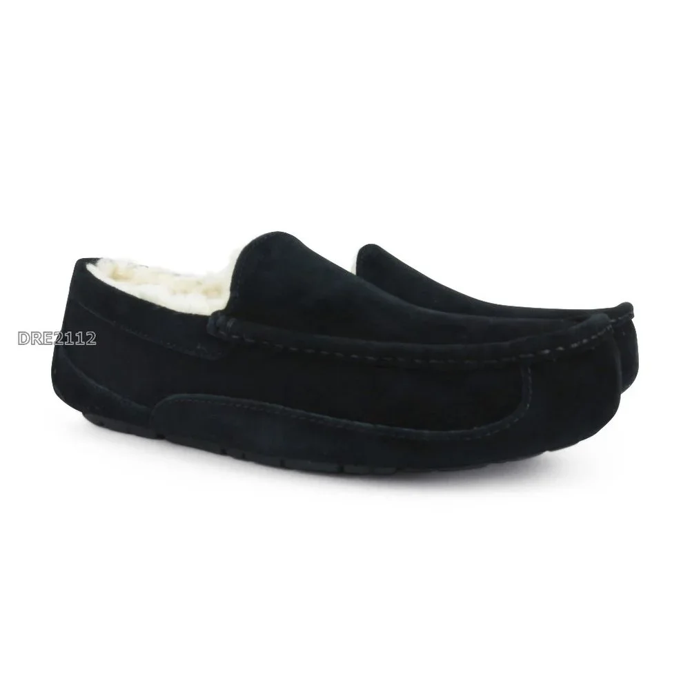 UGG Ascot Black Suede Fur Slippers Mens Size 9 NEW